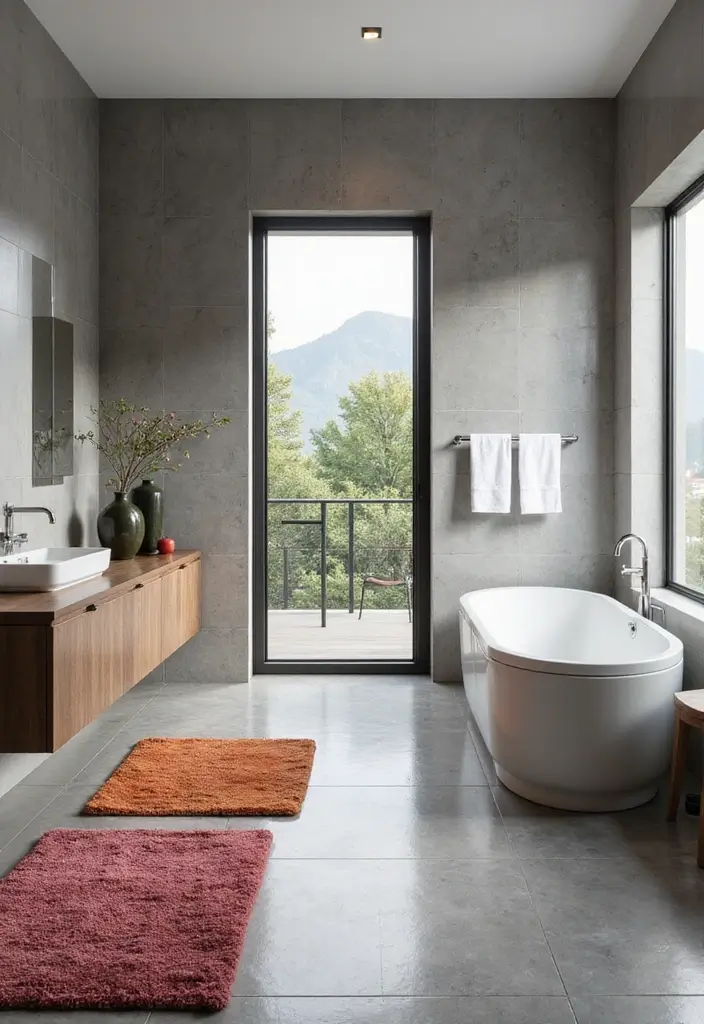 30 Bathroom Grey Floor Designs That Feel Sleek 15 30 Bathroom Grey Floor Designs That Feel Sleek - 15. Polished Grey Porcelain with Accent Rugs