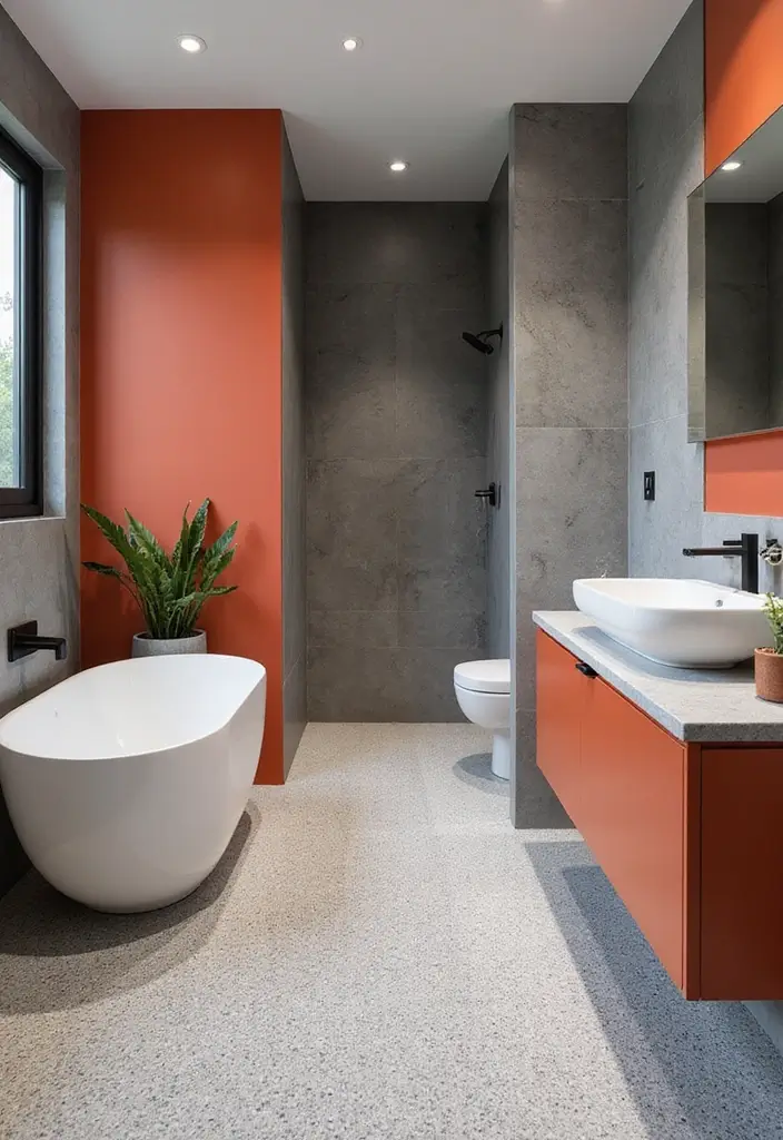 30 Bathroom Grey Floor Designs That Feel Sleek 25 30 Bathroom Grey Floor Designs That Feel Sleek - 25. Grey Terrazzo with Bold Accents