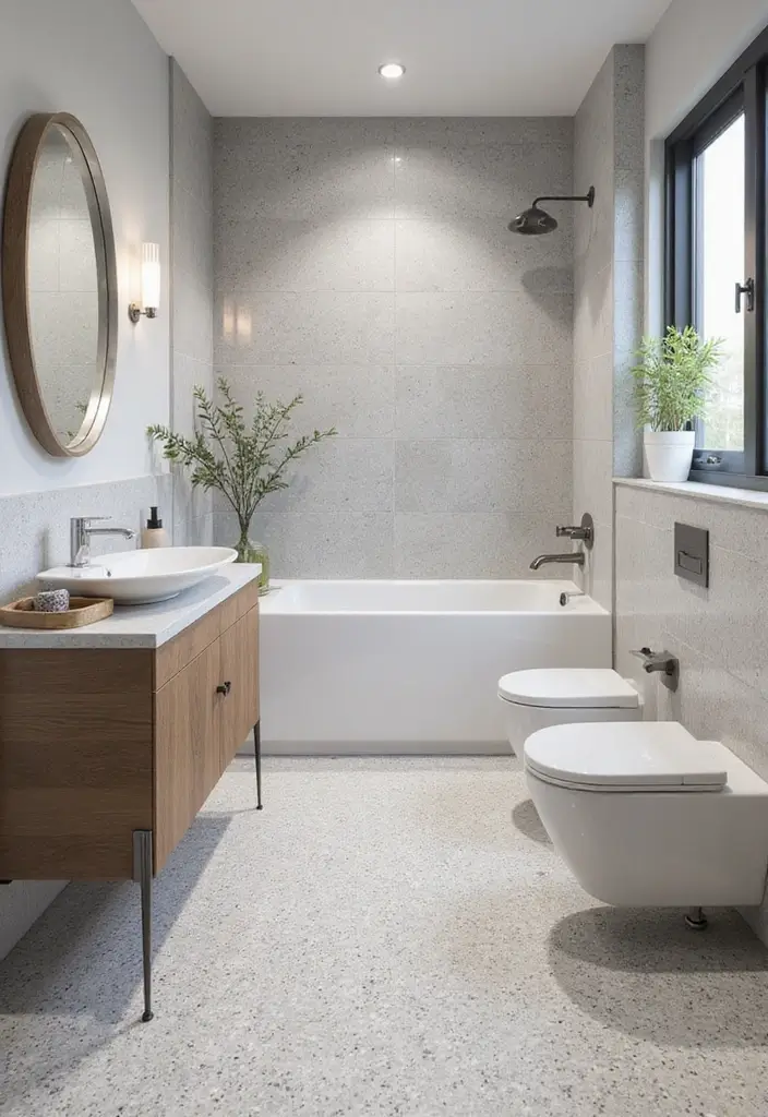 30 Bathroom Grey Floor Designs That Feel Sleek 7 30 Bathroom Grey Floor Designs That Feel Sleek - 7. Soft Grey Terrazzo