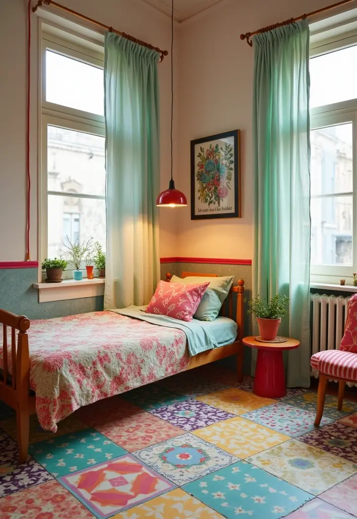 30 Bedroom Floor Tile Ideas That Look Fresh & Modern 19 30 Bedroom Floor Tile Ideas That Look Fresh & Modern - 19. Vibrant Patterned Linoleum