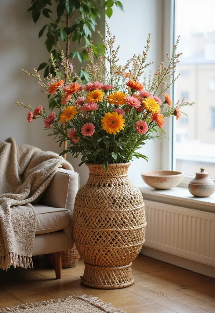30 Floor Vase Decorating Ideas That Transform Corners 2 30 Floor Vase Decorating Ideas That Transform Corners - 2. Bohemian Rattan Accents