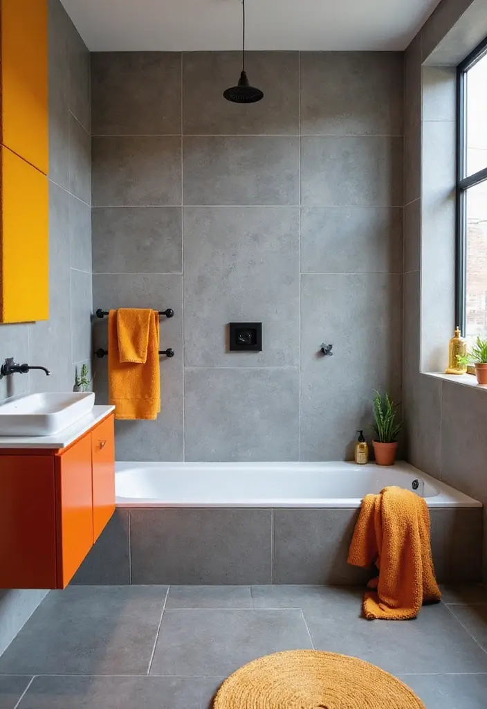30 Gray Bathroom Floor Tile Inspirations That Add Soft Elegance 10 30 Gray Bathroom Floor Tile Inspirations That Add Soft Elegance - 10. Gray Tiles with Bold Accent Colors