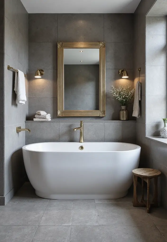 30 Gray Bathroom Floor Tile Inspirations That Add Soft Elegance 16 30 Gray Bathroom Floor Tile Inspirations That Add Soft Elegance - 16. Gray Tiles with Metallic Accents