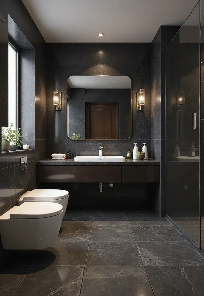 30 Gray Bathroom Floor Tile Inspirations That Add Soft Elegance 2 30 Gray Bathroom Floor Tile Inspirations That Add Soft Elegance - 2. Dark Charcoal Tiles with Glossy Finish