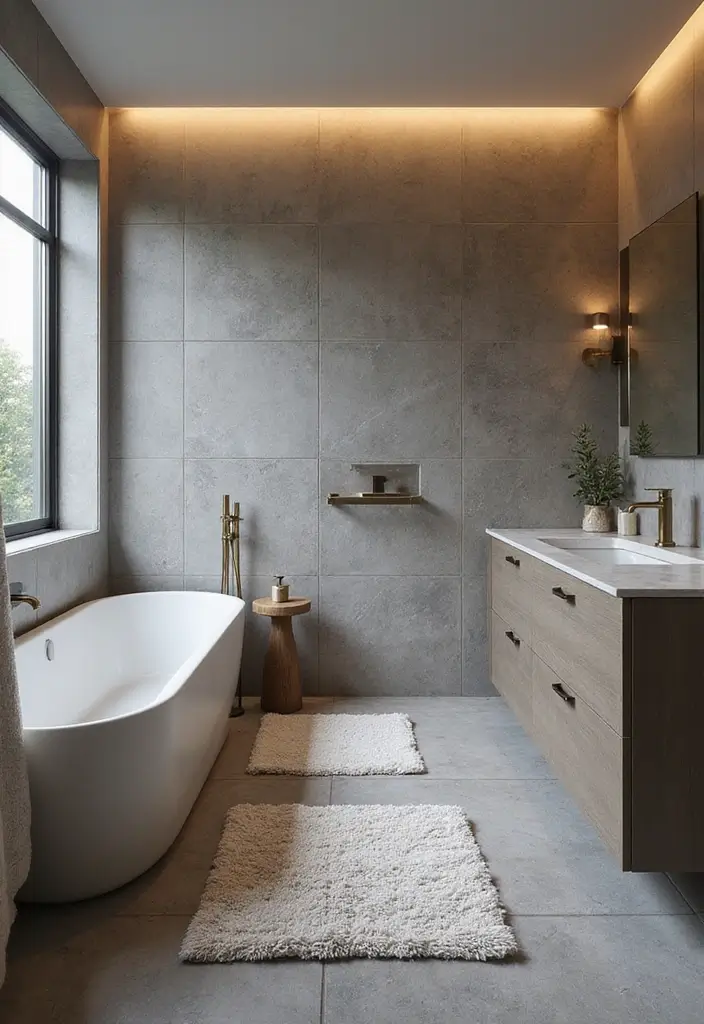 30 Gray Bathroom Floor Tile Inspirations That Add Soft Elegance 25 30 Gray Bathroom Floor Tile Inspirations That Add Soft Elegance - 25. Gray Tiles with Soft Textured Rugs