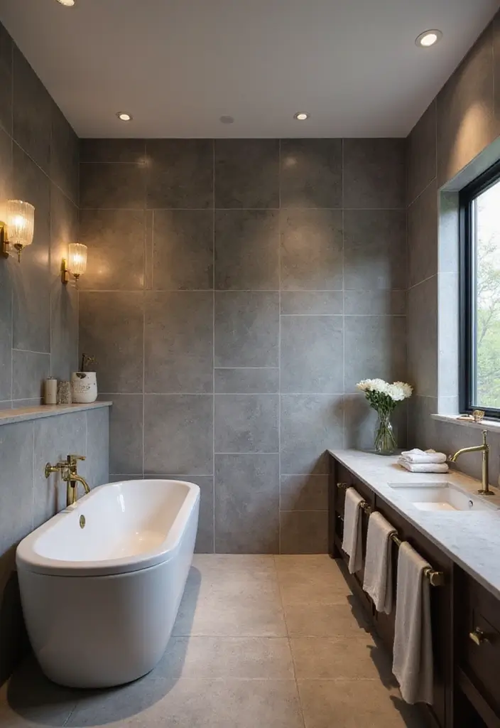 30 Gray Bathroom Floor Tile Inspirations That Add Soft Elegance 26 30 Gray Bathroom Floor Tile Inspirations That Add Soft Elegance - 26. Gray Tiles with Soft Lighting