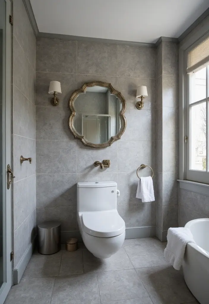 30 Gray Bathroom Floor Tile Inspirations That Add Soft Elegance 27 30 Gray Bathroom Floor Tile Inspirations That Add Soft Elegance - 27. Gray Tiles with Statement Mirrors