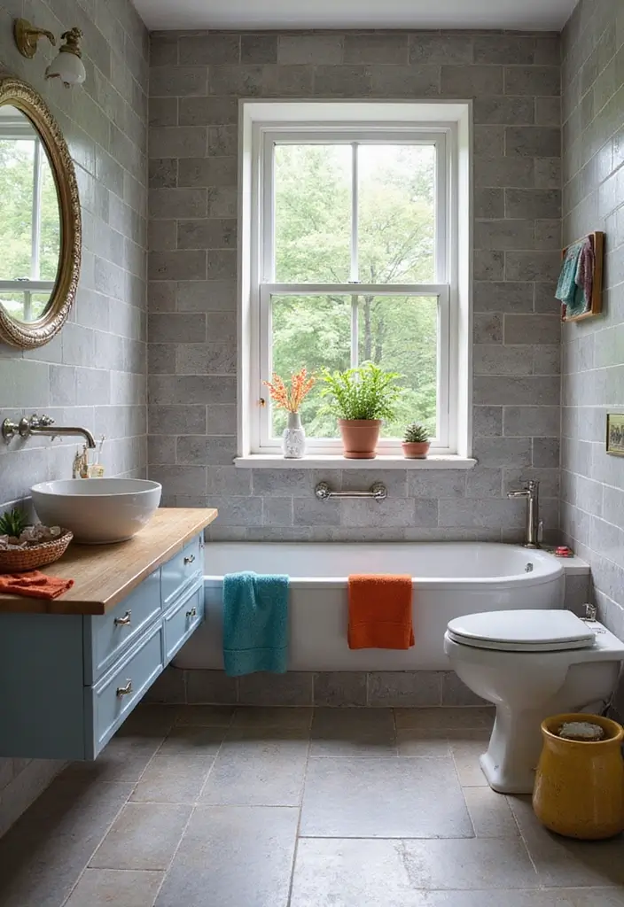 30 Gray Bathroom Floor Tile Inspirations That Add Soft Elegance 29 30 Gray Bathroom Floor Tile Inspirations That Add Soft Elegance - 29. Gray Tiles with Colorful Accessories