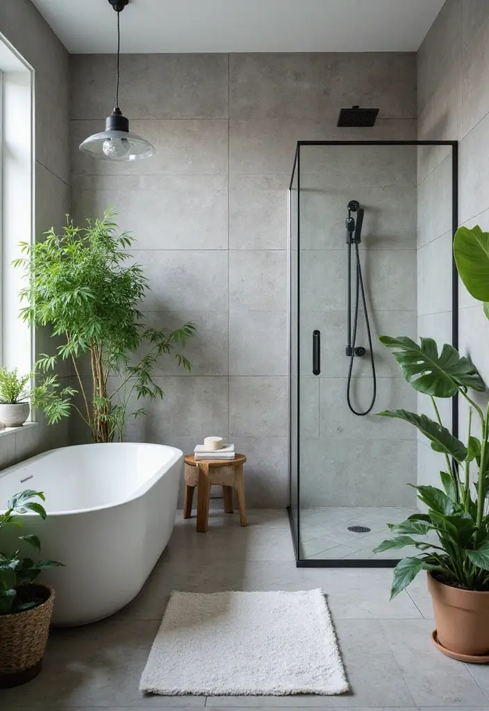 30 Gray Bathroom Floor Tile Inspirations That Add Soft Elegance 30 30 Gray Bathroom Floor Tile Inspirations That Add Soft Elegance - 30. Gray Tiles with Indoor Plants