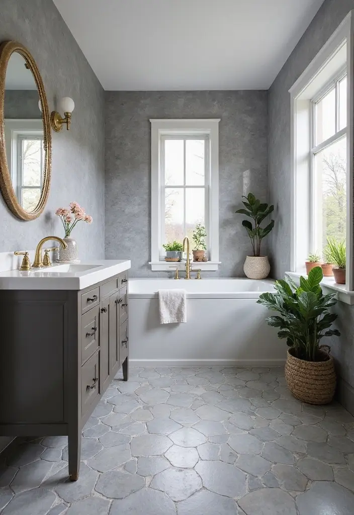 30 Gray Bathroom Floor Tile Inspirations That Add Soft Elegance 7 30 Gray Bathroom Floor Tile Inspirations That Add Soft Elegance - 7. Gray Hexagon Tiles for a Trendy Twist
