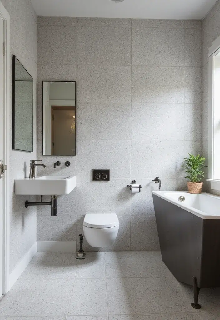 30 Gray Bathroom Floor Tile Inspirations That Add Soft Elegance 9 30 Gray Bathroom Floor Tile Inspirations That Add Soft Elegance - 9. Gray Terrazzo Lookalike Tiles