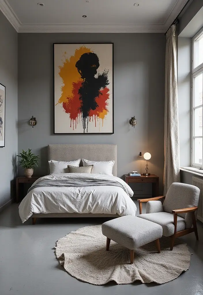 30 Grey Floor Bedroom Ideas That Look Cozy & Calm 12 30 Grey Floor Bedroom Ideas That Look Cozy & Calm - 12. Bold Artwork