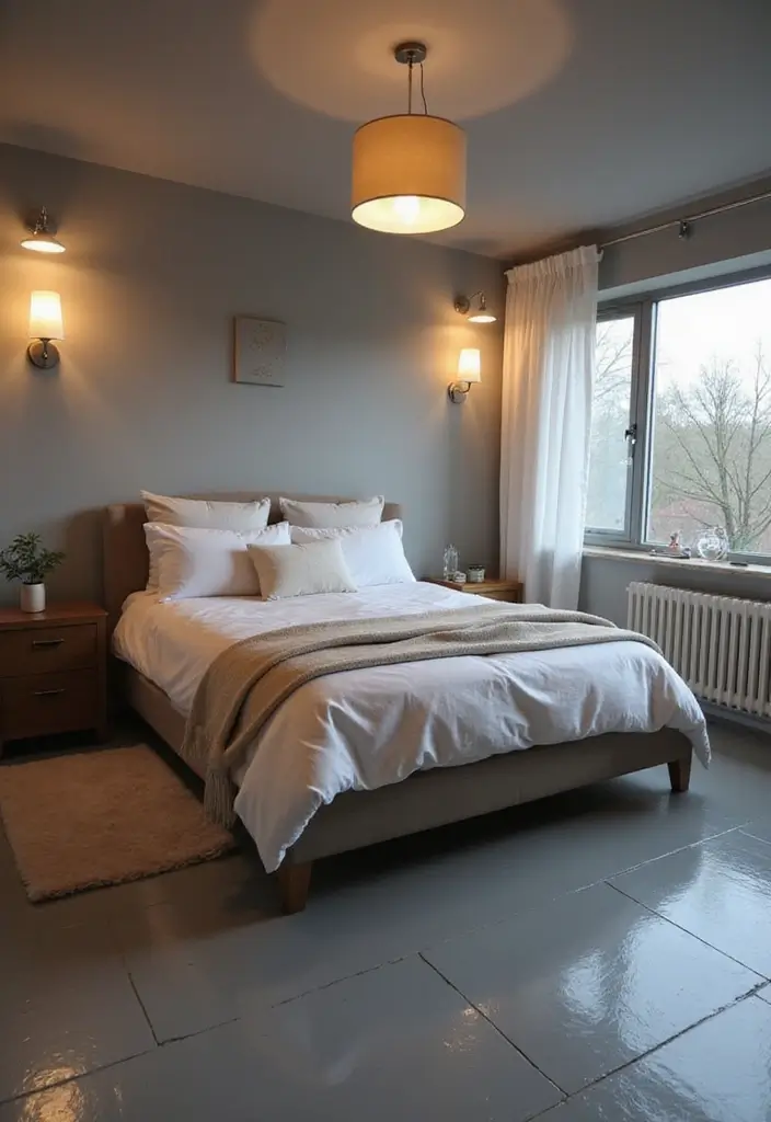 30 Grey Floor Bedroom Ideas That Look Cozy & Calm 18 30 Grey Floor Bedroom Ideas That Look Cozy & Calm - 18. Soft Lighting Fixtures