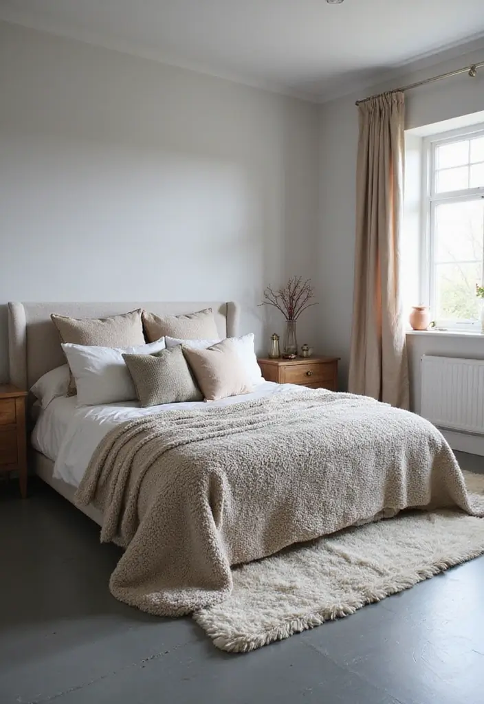 30 Grey Floor Bedroom Ideas That Look Cozy & Calm 20 30 Grey Floor Bedroom Ideas That Look Cozy & Calm - 20. Cozy Throws and Pillows