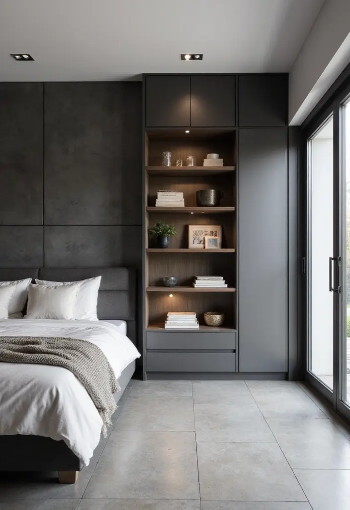 30 Grey Floor Bedroom Ideas That Look Cozy & Calm 23 30 Grey Floor Bedroom Ideas That Look Cozy & Calm - 23. Sleek Built-In Shelving