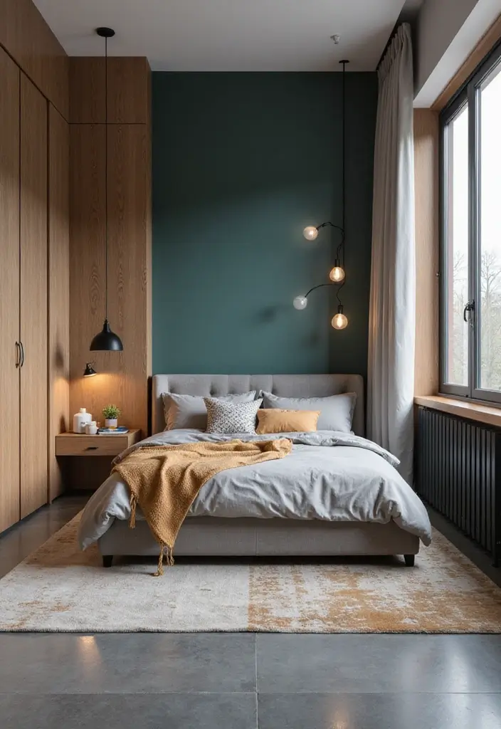 30 Grey Floor Bedroom Ideas That Look Cozy & Calm 27 30 Grey Floor Bedroom Ideas That Look Cozy & Calm - 27. Use of Color Blocking