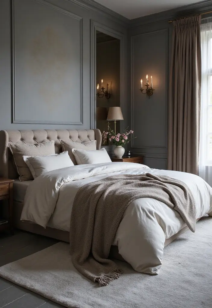 30 Grey Floor Bedroom Ideas That Look Cozy & Calm 29 30 Grey Floor Bedroom Ideas That Look Cozy & Calm - 29. Elegant Bedding Choices