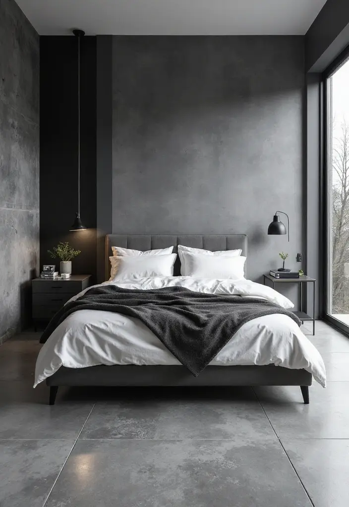 30 Grey Floor Bedroom Ideas That Look Cozy & Calm 6 30 Grey Floor Bedroom Ideas That Look Cozy & Calm - 6. Monochrome Magic