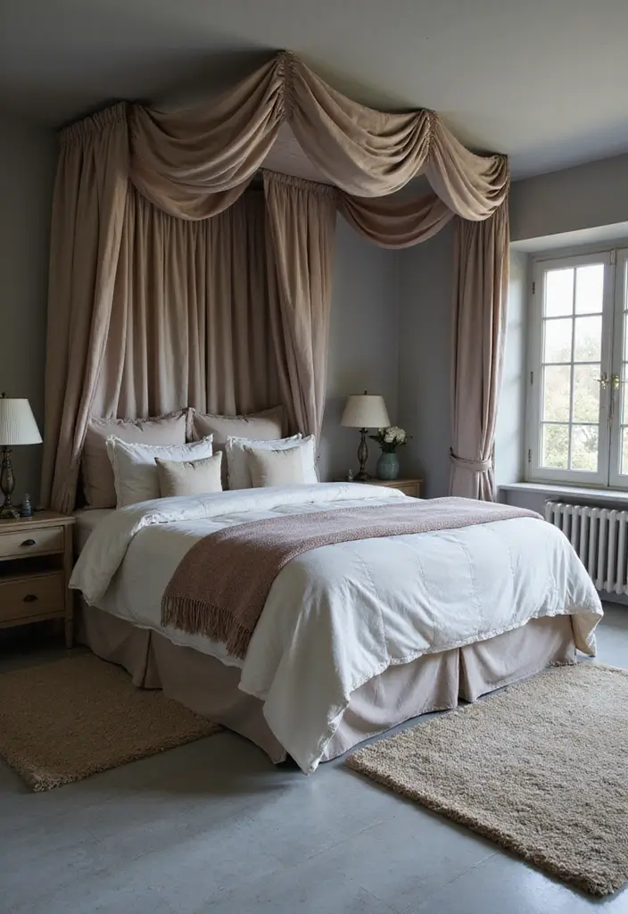30 Grey Floor Bedroom Ideas That Look Cozy & Calm 7 30 Grey Floor Bedroom Ideas That Look Cozy & Calm - 7. Cozy Canopy Beds
