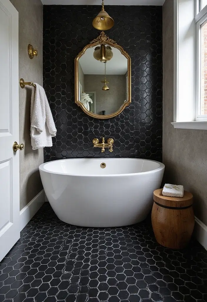30 Hexagon Floor Tile Bathroom Ideas That Look Stunning 2 30 Hexagon Floor Tile Bathroom Ideas That Look Stunning - 2. Bold Black Hexagon Tiles