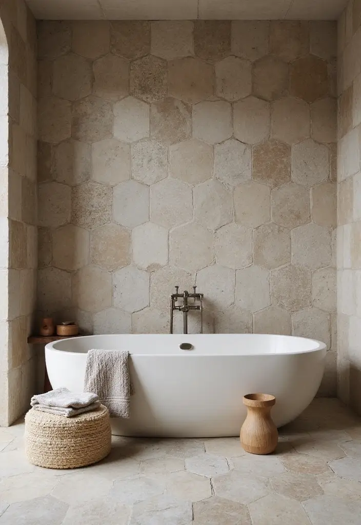 30 Hexagon Floor Tile Bathroom Ideas That Look Stunning 22 30 Hexagon Floor Tile Bathroom Ideas That Look Stunning - 22. Spa-Like Retreat with Natural Stone Hexagon Tiles