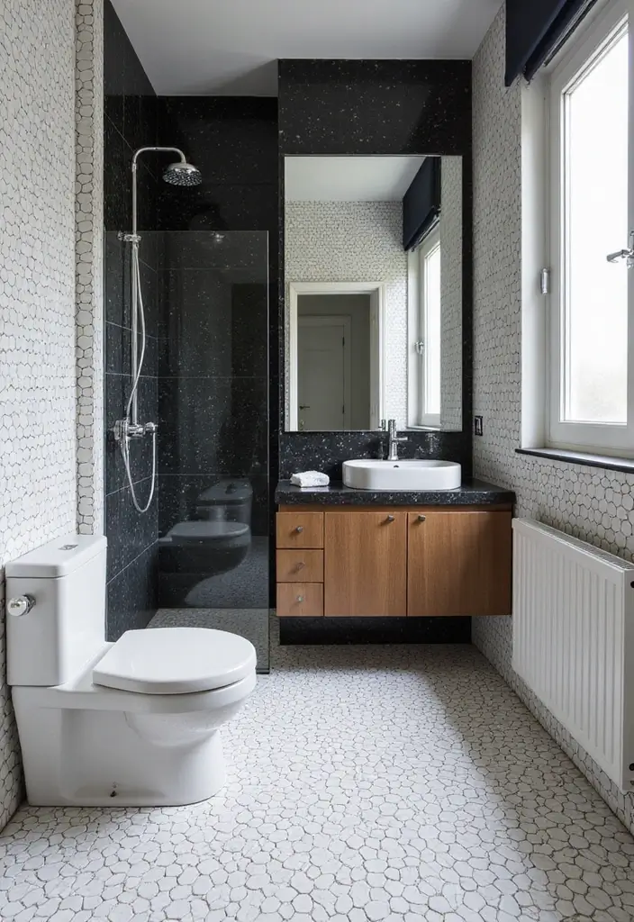 30 Hexagon Floor Tile Bathroom Ideas That Look Stunning 8 30 Hexagon Floor Tile Bathroom Ideas That Look Stunning - 8. Minimalist Black and White