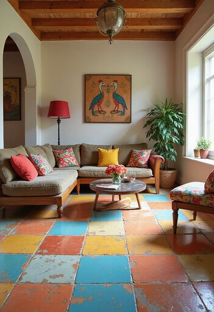 30 Tile Floor Living Room Designs That Add Texture 7 30 Tile Floor Living Room Designs That Add Texture - 7. Color Pop