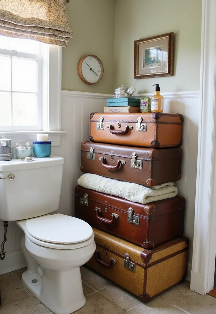 12 Bathroom Shelving Ideas for Added Storage Without Bulk 111 12 Bathroom Shelving Ideas for Added Storage Without Bulk - 11. Vintage Suitcases