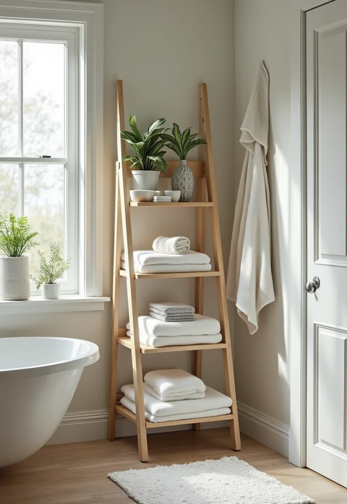 12 Bathroom Shelving Ideas for Added Storage Without Bulk 56 12 Bathroom Shelving Ideas for Added Storage Without Bulk - 6. Ladder Shelves