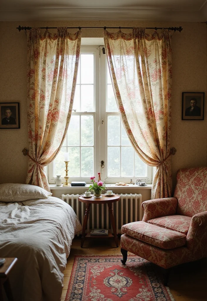 12 Bedroom Curtain Ideas That Transform Light and Atmosphere - 5. Vintage Fabric Curtains for a Cozy Touch
