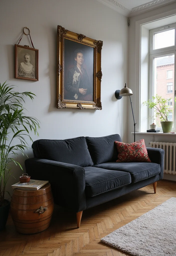 12 Black Couches Living Room Ideas for Sharp Modern Interiors 11. Vintage Accents