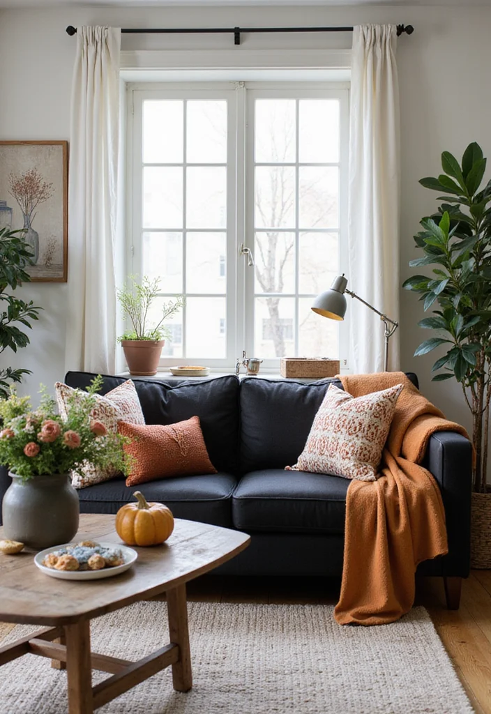 12 Black Couches Living Room Ideas for Sharp Modern Interiors 12. Seasonal Decor Ideas