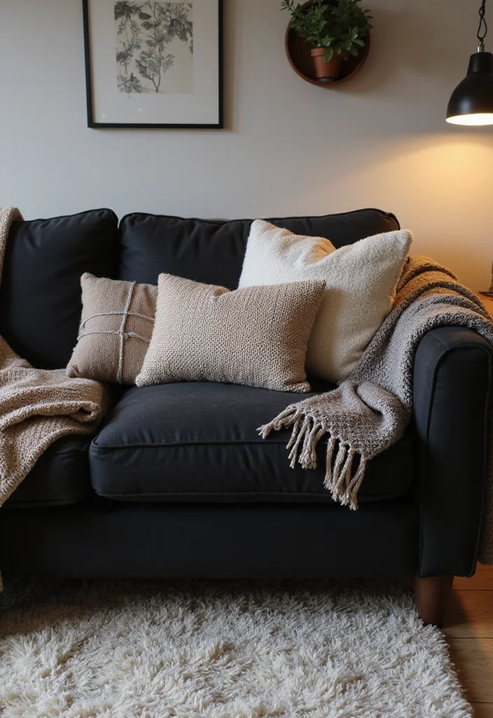 12 Black Couches Living Room Ideas for Sharp Modern Interiors 3. Textured Layers