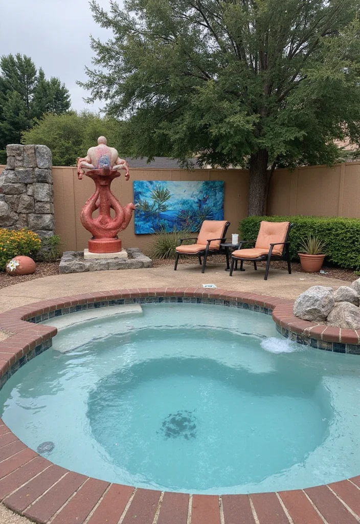 12 Hot Tub Backyard Ideas for Cozy Evenings and Relaxation 122 12 Hot Tub Backyard Ideas for Cozy Evenings and Relaxation - 12. Artistic Touches