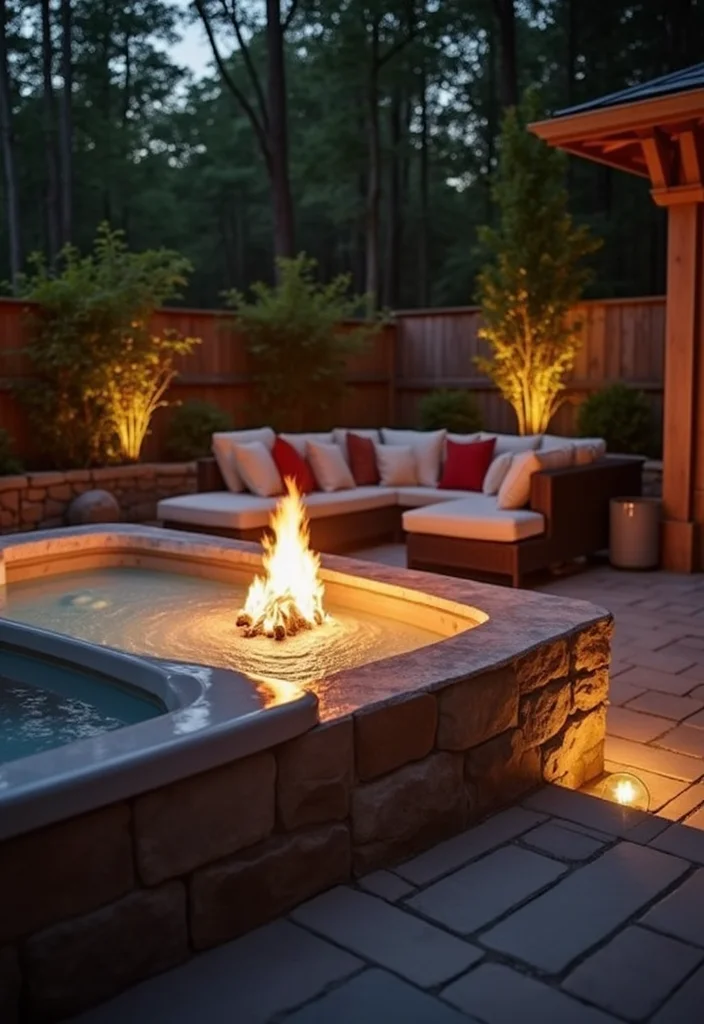 12 Hot Tub Backyard Ideas for Cozy Evenings and Relaxation 56 12 Hot Tub Backyard Ideas for Cozy Evenings and Relaxation - 6. Cozy Fire Feature