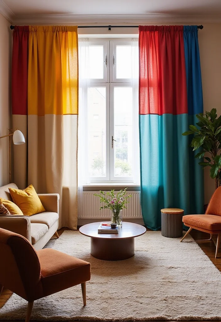 12 Living Room Curtain Ideas That Refresh Light and Mood - 11. Color Blocking: Bold Choices