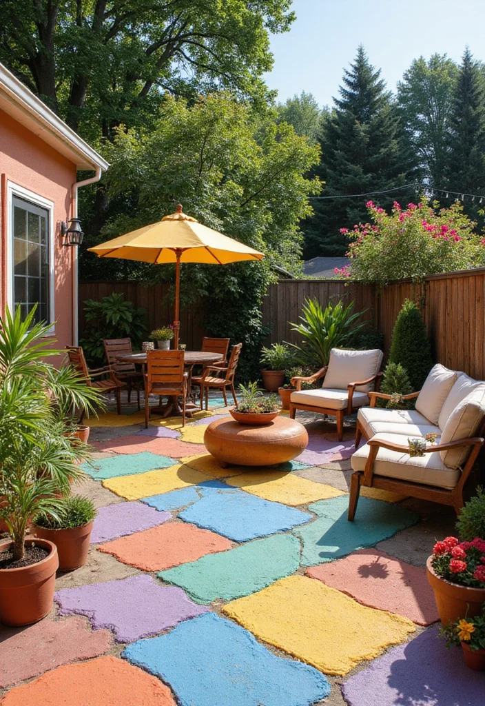 14 Backyard Cement Patio Ideas for Clean Durable Modern Style 67 14 Backyard Cement Patio Ideas for Clean Durable Modern Style - 7. Colorful Cement Patios for Vibrancy