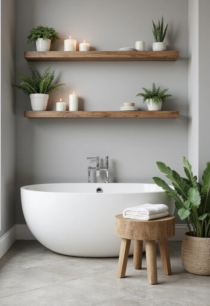 14 Grey Bathroom Ideas for Soft Modern Style With Warm Accents 122 14 Grey Bathroom Ideas for Soft Modern Style With Warm Accents - 12. Warm Wood Floating Shelves