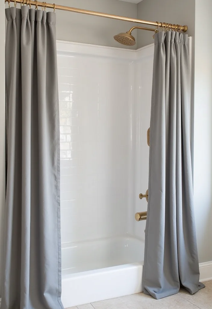 14 Grey Bathroom Ideas for Soft Modern Style With Warm Accents 133 14 Grey Bathroom Ideas for Soft Modern Style With Warm Accents - 13. Warm Metallic Shower Curtain Rods