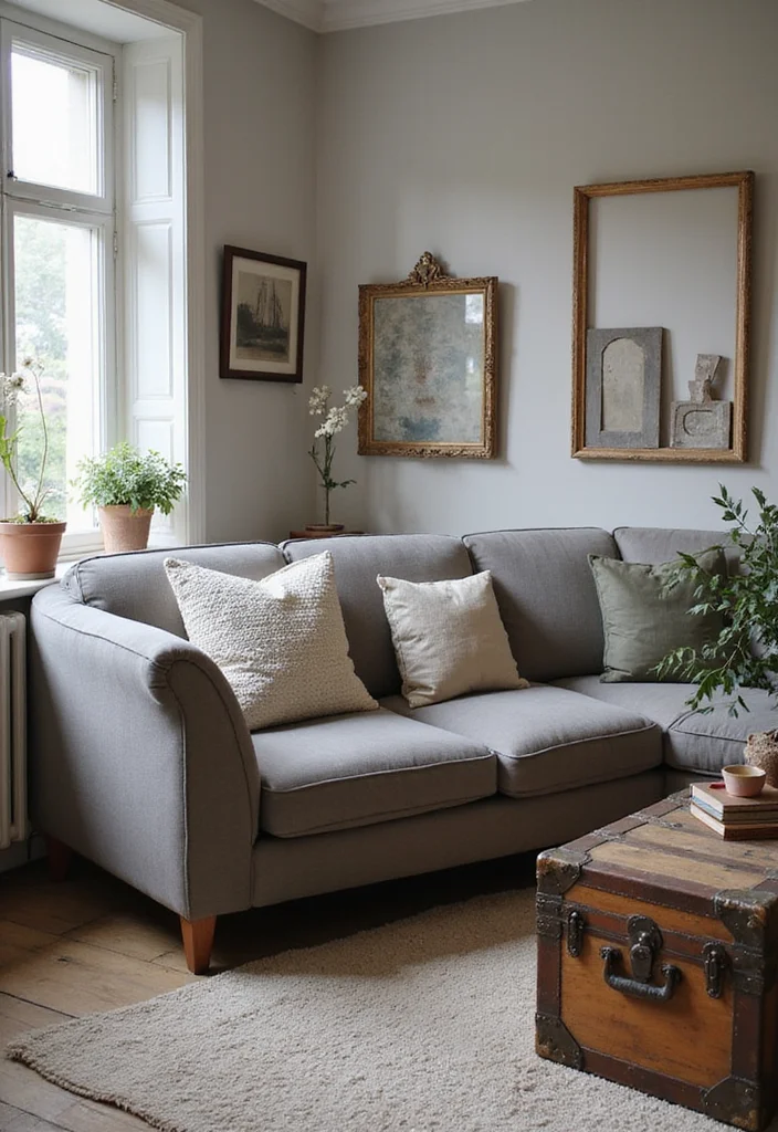14 Grey Couch Living Room Ideas for Chic Neutral Styling 111 14 Grey Couch Living Room Ideas for Chic Neutral Styling - 11. Vintage Charm