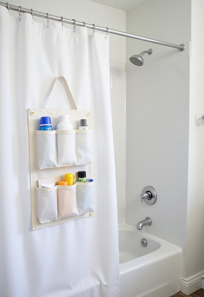 14 Small Bathroom Storage Ideas That Cut Clutter and Save Space 133 14 Small Bathroom Storage Ideas That Cut Clutter and Save Space - 13. Incorporate a Shower Curtain Pocket Organizer