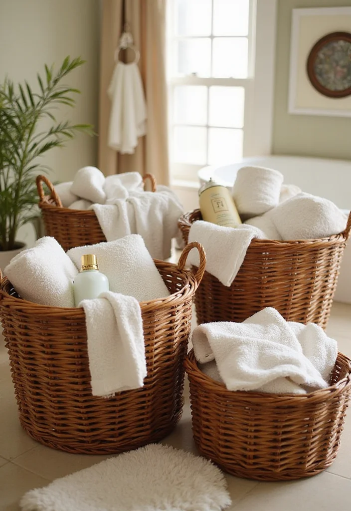 14 Small Bathroom Storage Ideas That Cut Clutter and Save Space 89 14 Small Bathroom Storage Ideas That Cut Clutter and Save Space - 9. Use Wicker Baskets for Textured Storage