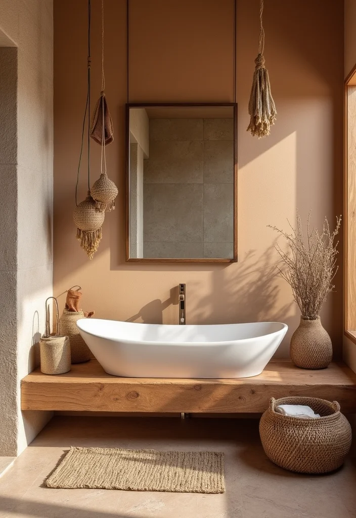 15 Boho Bathroom Ideas for Relaxed Spaces With Natural Texture 1 15 Boho Bathroom Ideas for Relaxed Spaces With Natural Texture 1. Earthy Tones and Textured Walls