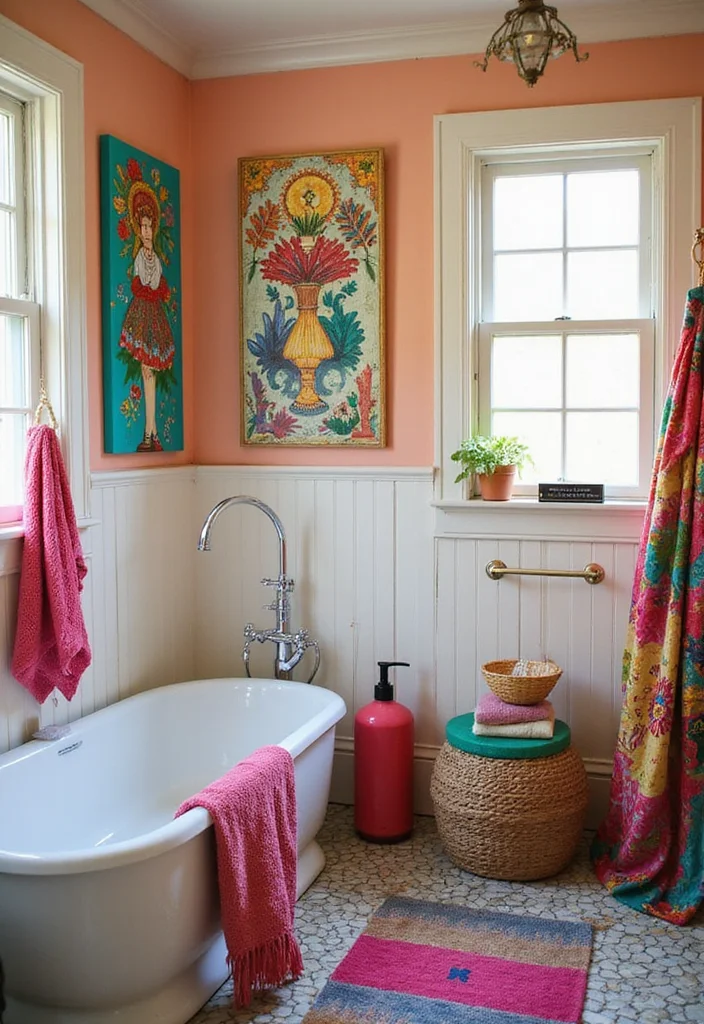 15 Boho Bathroom Ideas for Relaxed Spaces With Natural Texture 100 15 Boho Bathroom Ideas for Relaxed Spaces With Natural Texture 10. Colorful Accents and Artworks