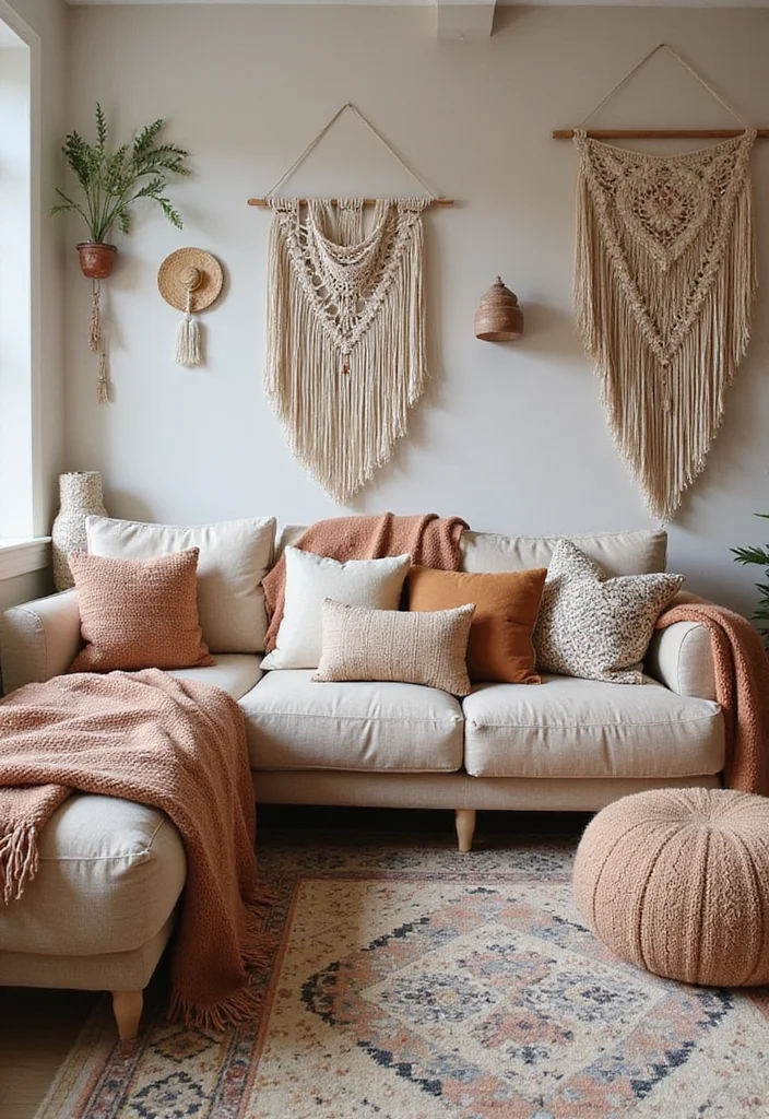 15 Boho Living Room Ideas for Warm Relaxed Natural Spaces 1 15 Boho Living Room Ideas for Warm Relaxed Natural Spaces - 1. Layered Textiles for Cozy Comfort