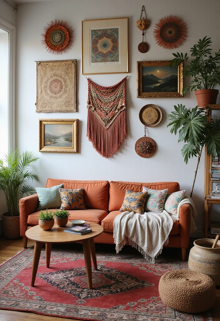 15 Boho Living Room Ideas for Warm Relaxed Natural Spaces 56 15 Boho Living Room Ideas for Warm Relaxed Natural Spaces - 6. Artistic Wall Decor