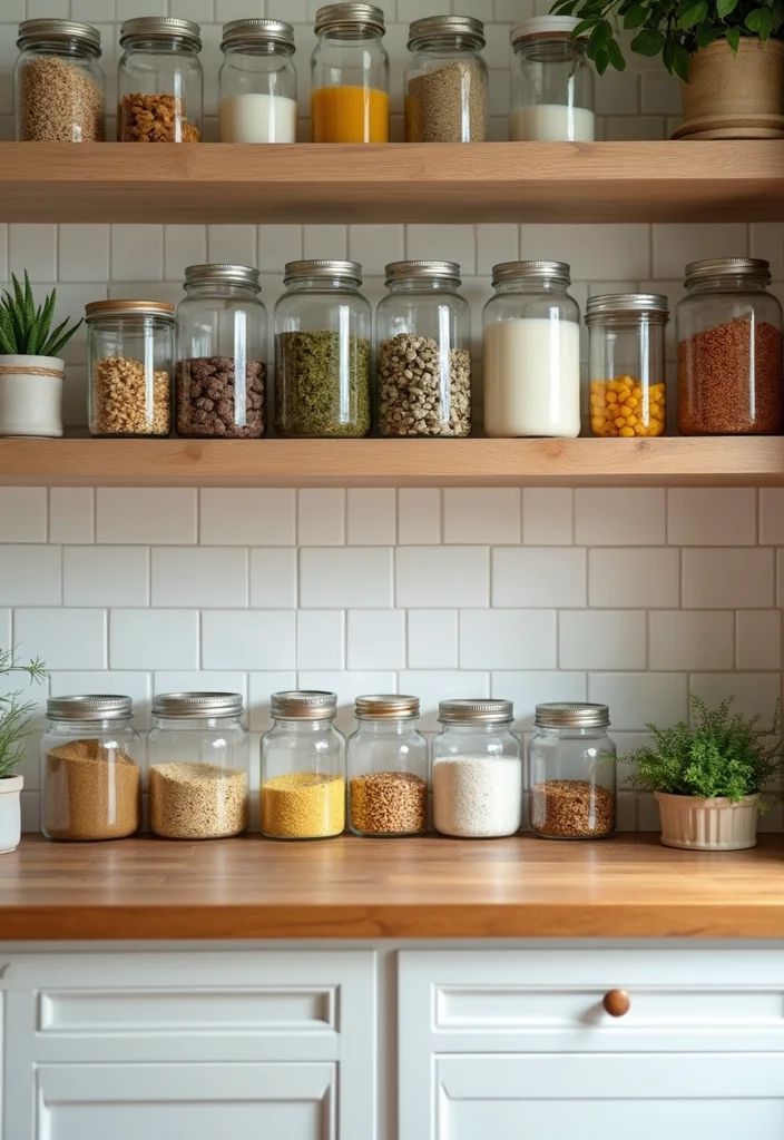 15 Kitchen Shelving Ideas for Smart Storage With Clean Style 122 15 Kitchen Shelving Ideas for Smart Storage With Clean Style - 12. Glass Jars for Beautiful Display
