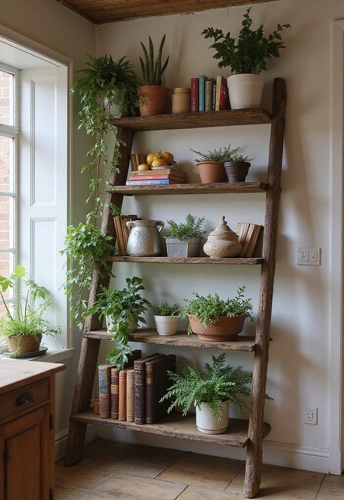 15 Kitchen Shelving Ideas for Smart Storage With Clean Style 133 15 Kitchen Shelving Ideas for Smart Storage With Clean Style - 13. Vintage Ladders as Unique Shelving