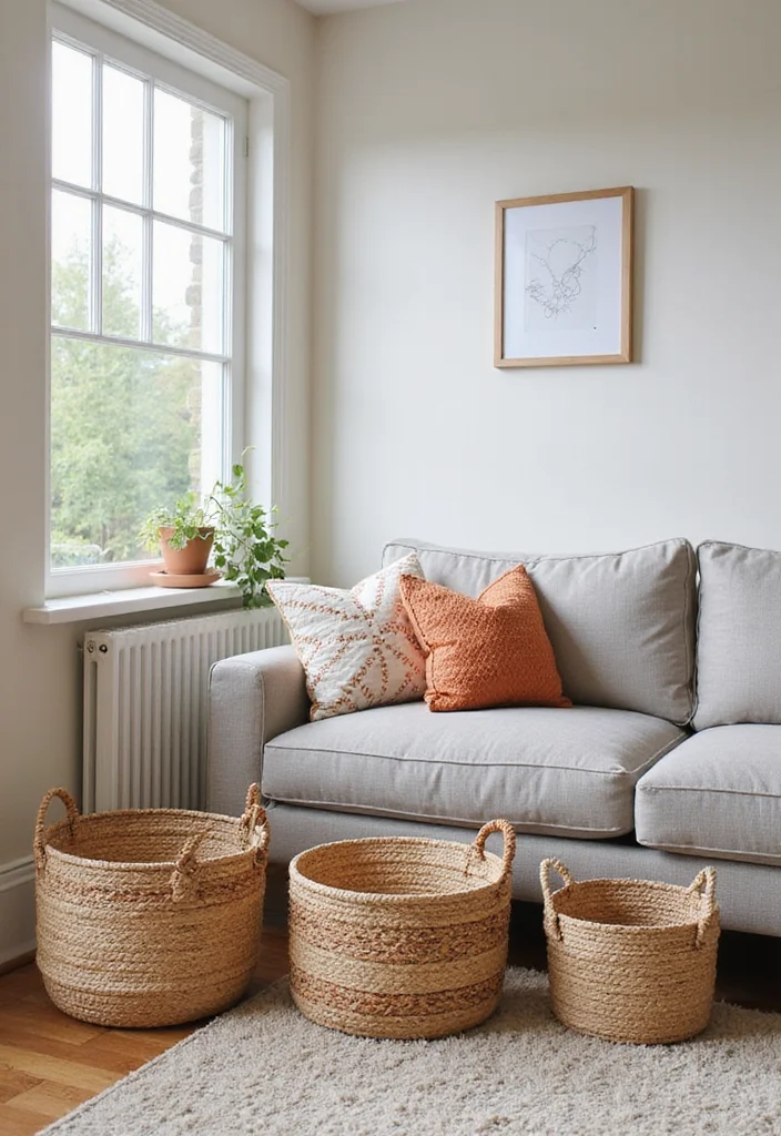 15 Small Living Room Decor Ideas That Make the Space Feel Larger - 13. Use Decorative Storage Baskets