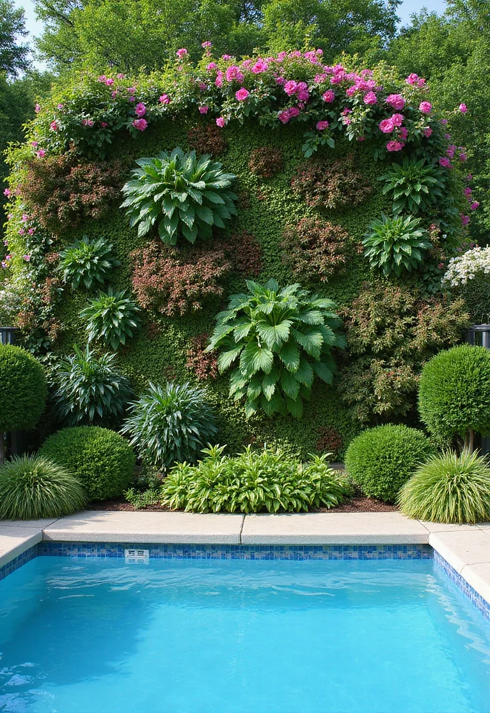 18 Swimming Pool Backyard Ideas for Relaxing Outdoor Living 11. Vertical Gardens as Pool Backdrops
